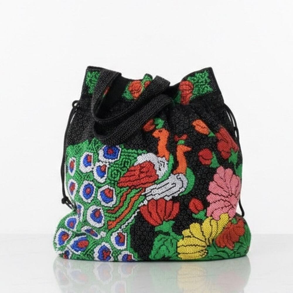 Vintage 1960s 70s Microbead Peacock Floral Bucket Shoulder Bag
